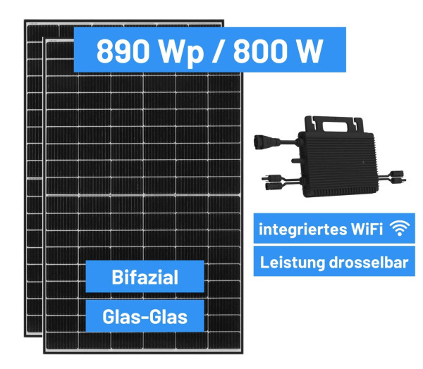 flex-energie Balkonkraftwerk 890 Wp / 800 W - Bifazial - Glas-Glas - WiFi - Drosselbar