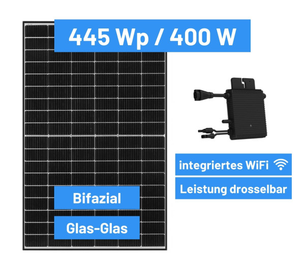 flex-energie Balkonkraftwerk 445 Wp / 400 W - Bifazial - Glas-Glas - WiFi - Drosselbar